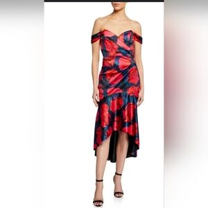 PARKER BLACK WOMEN'S CESARINA PRINTED SATIN OFF-THE-SHOULDER HIGH-LOW GOWN, 0